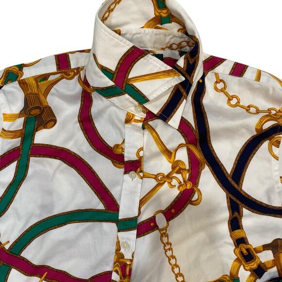 Lauren Ralph Lauren White Gold Chain Button Down Long Sleeve Top Size Large - Picture 5 of 10